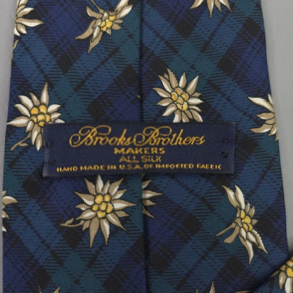 Brooks Brothers Tie Mens Blue Silk Tartan Plaid Edelweiss Floral‎ USA Necktie